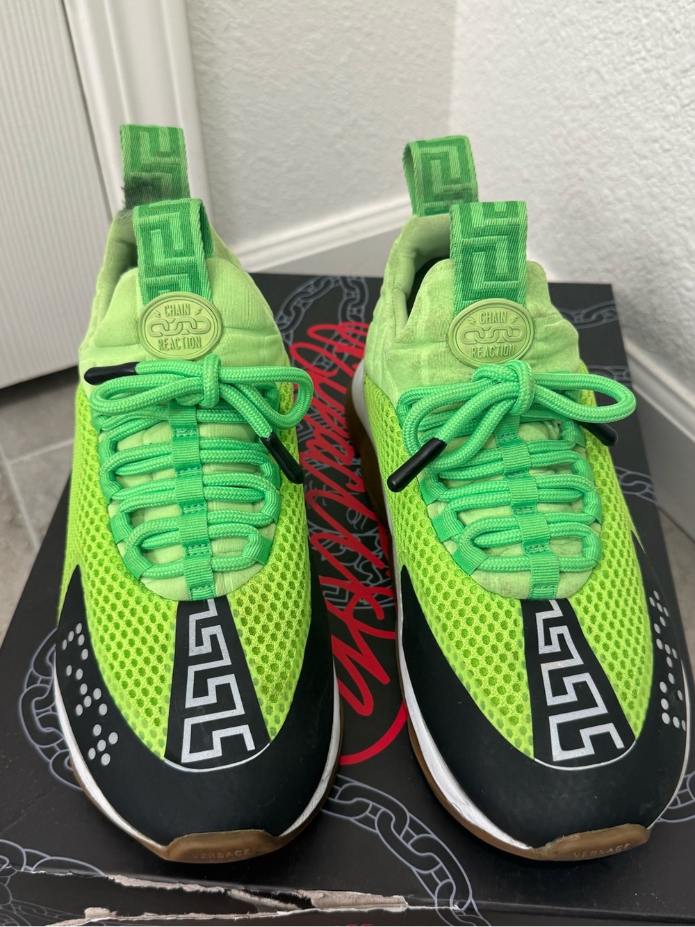 Versace Bright Green Mesh and Black Accent Sneakers - Picture 2 of 12